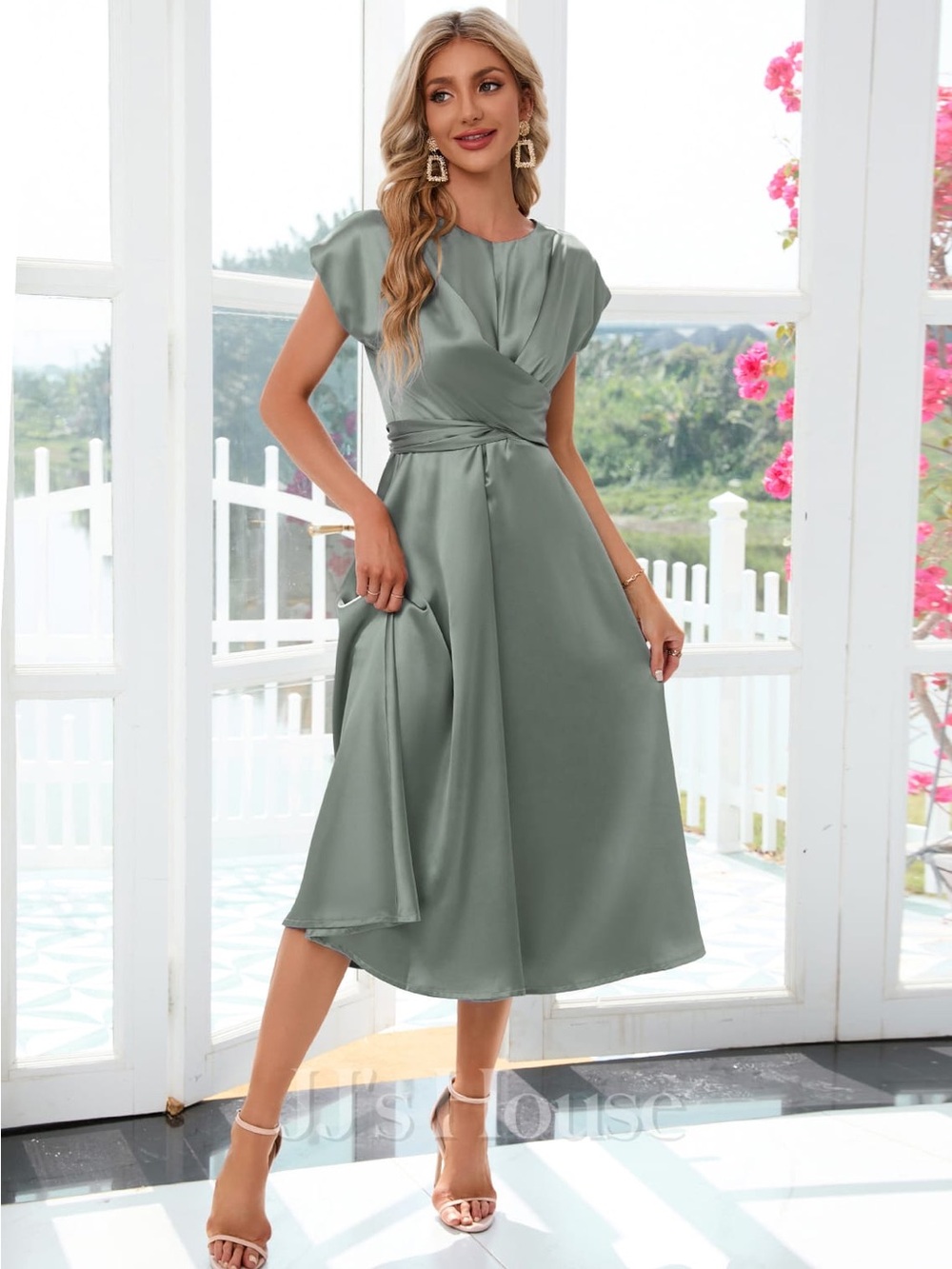 NWT JJs House women's Midi dress sz L Celadon Satin green (C) - Picture 2 of 5